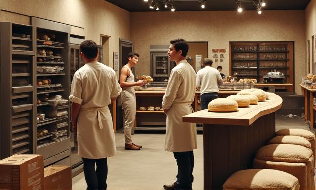 Historical photo of Silver Spoon Market's bakery being built, with bakers in aprons looking on.