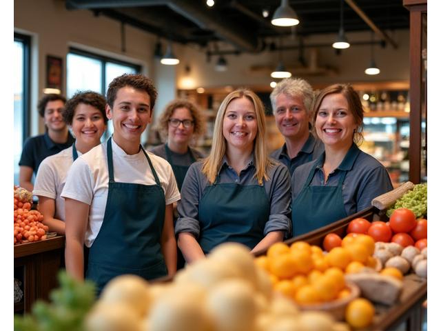 Team of Silver Spoon Market staff smiling in their store, surrounded by fresh produce and artisanal products.