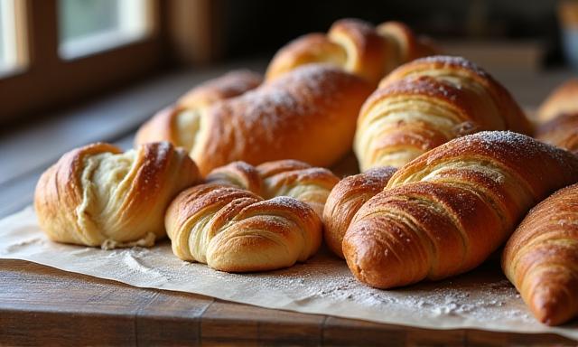 Assortment of freshly baked artisanal breads, pastries, and croissants