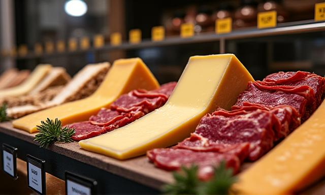 Selection of gourmet cheeses and charcuterie in a deli display case