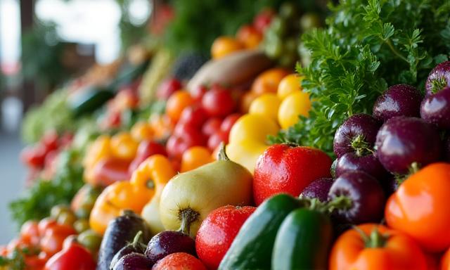Vibrant array of fresh, organic fruits and vegetables in a market setting
