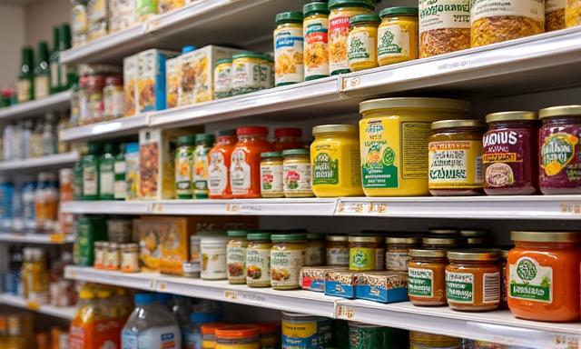 Shelves stocked with organic and specialty food products, gourmet groceries