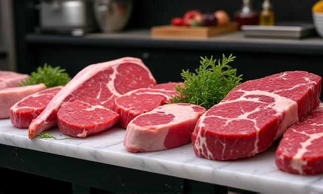 Selection of premium cuts of beef, lamb, and poultry on display by a butcher