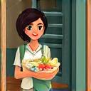 Illustration of a delivery person holding a grocery bag at a doorstep.