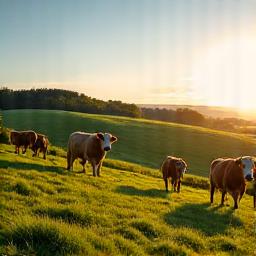 A serene photo of Oakland Farm in the English countryside, with cows grazing.